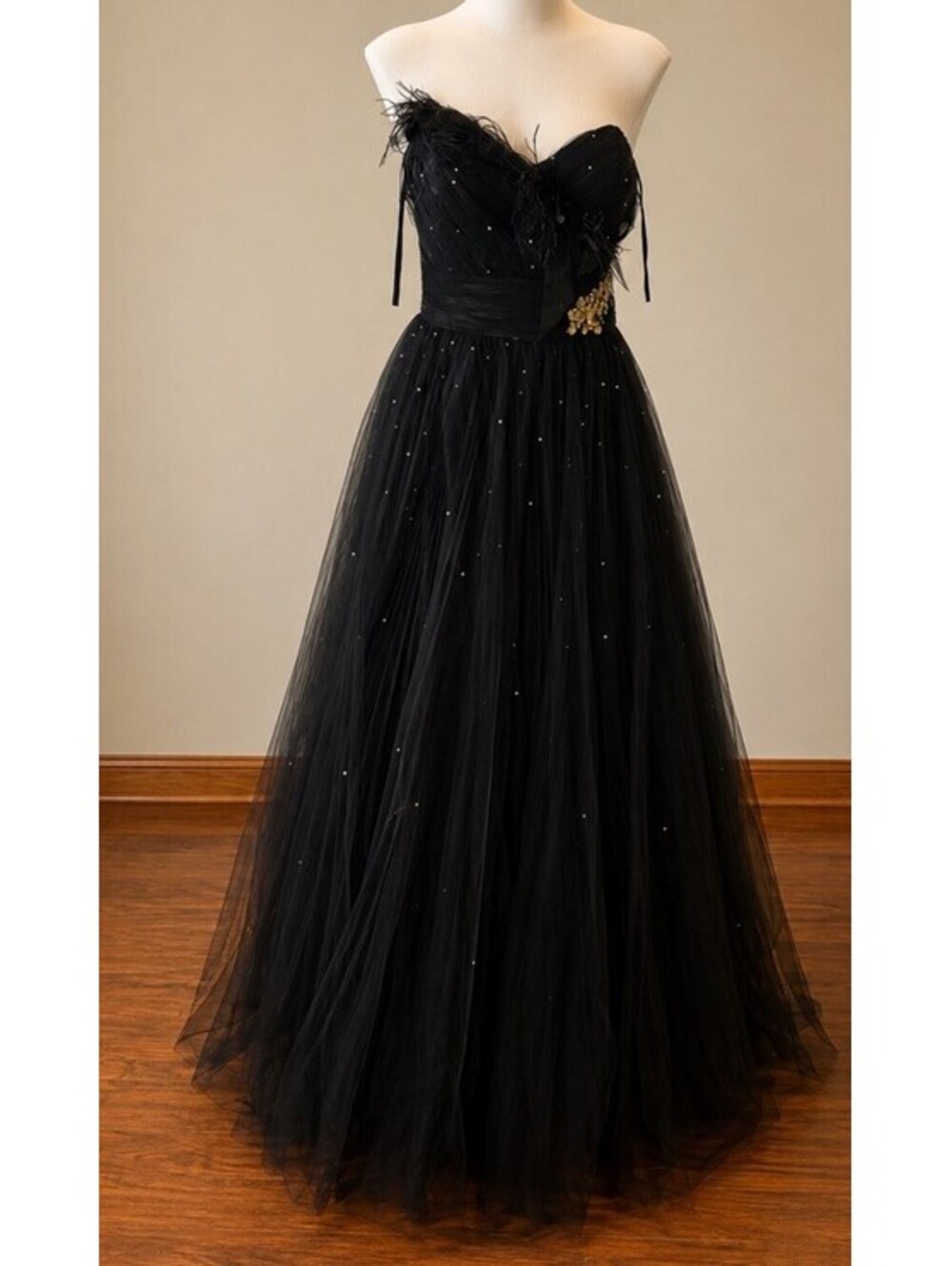 FLIRT Maggie Sorterro Black Tulle Peacock Feather Jeweled Prom Y2K Vintage Sz 10